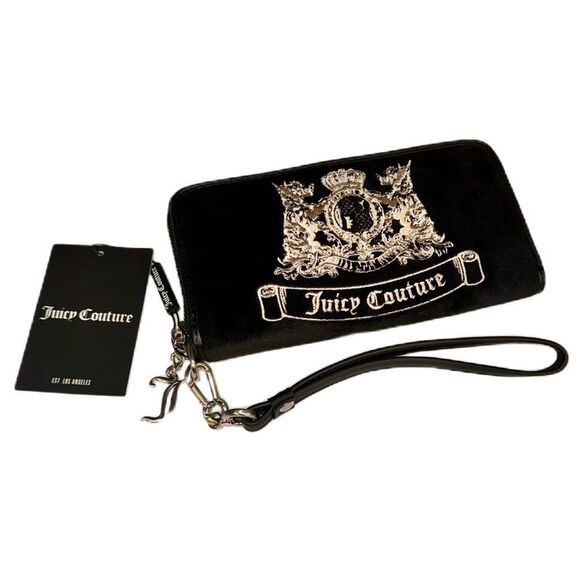 Juicy Couture Handbags - Juicy Couture Black Velour Twig Dogs Logo Embroidered Wallet Wristlet Clutch Bag